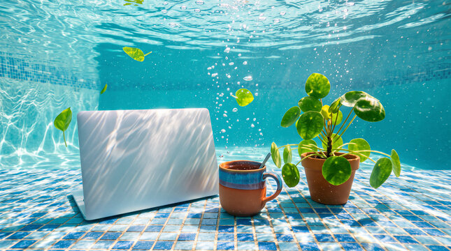 Laptop and coffee underwater in a swimming pool