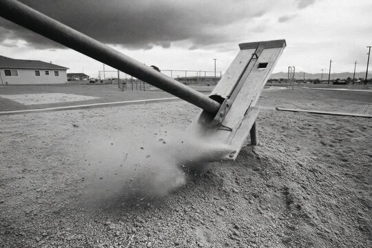 A playground sees no children as dust rises from a neglected swing set in a quiet park during the afternoon hours