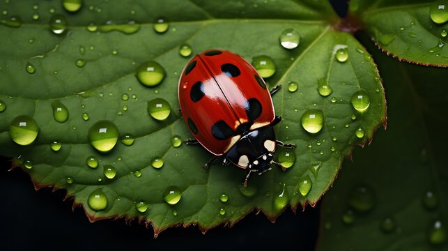 Red ladybug with black spots on wet green leaf close up.