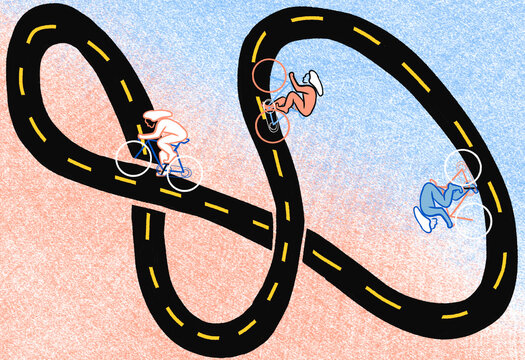 Cyclists Race on a Winding Road in a Colorful Setting
