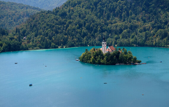 Aerial view of the church on the Lake in Bled, Slovenia