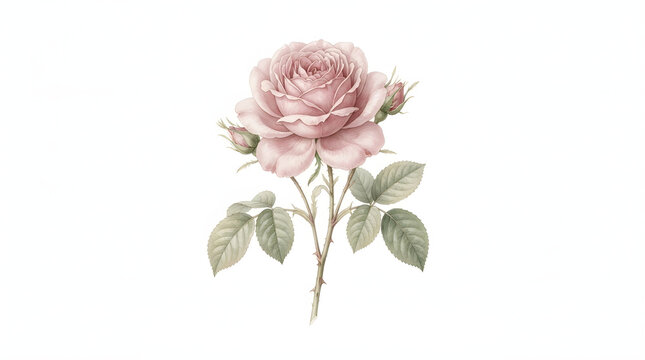 Delicate pink rose botanical watercolor illustration featuring intricate petals, lush green leaves, and charming buds on a clean white background