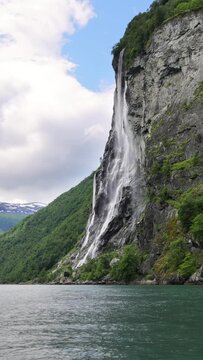 Geiranger fjord, waterfall Seven Sisters. Beautiful Nature Norway natural landscape.