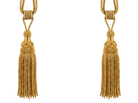 Two elegant gold curtain tassels isolated on with gold tassel, gold as isolated on transparent background