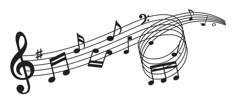 Wavy musical staff with musical notes flowing along the lines, isolated on transparent background. Creative vector illustration symbolizing music, melody, rhythm, sound and artistic expression