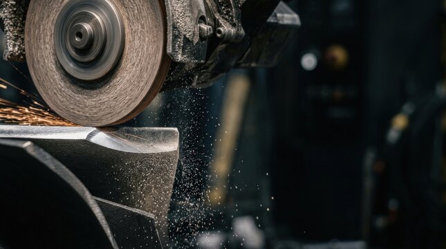 Abrasive robotic tool grinding metal turbine component in factory