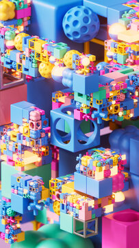 Abstract Colorful Modular Structure with Blue Cubes and Spheres