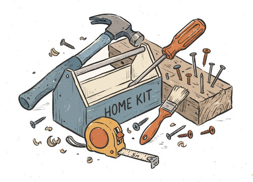 Hand drawn home repair kit with toolbox, hammer, screwdriver, nails, and carpentry tools vector illustration