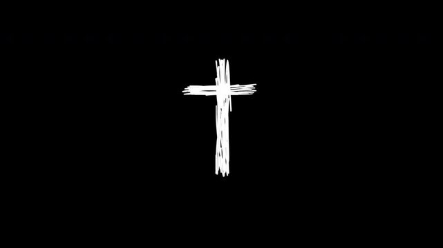 Hand Drawn Scribbled White Christian Cross Appearing on Solid Black Background with Minimalist Artistic Style