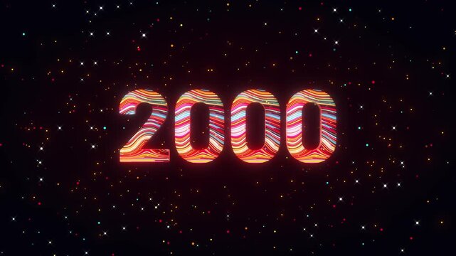Animated 3D number 2000 rotates dynamically while colorful flowing lines and glowing particles move across a futuristic cosmic background with vibrant digital energy.