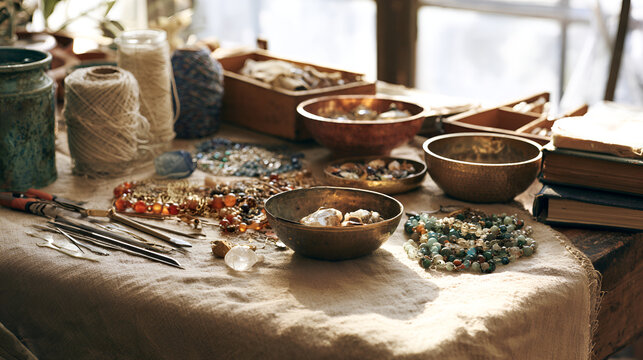 Repurposed Materials Arranged On A Craft Table For Jewelry Making