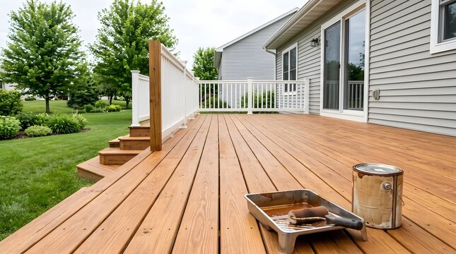 Honey Stained Deck With White Railing Paint Tray and Stain Can