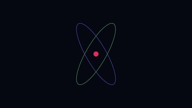 Minimalist atom model animation with rotating orbital rings on dark background, physics science nucleus