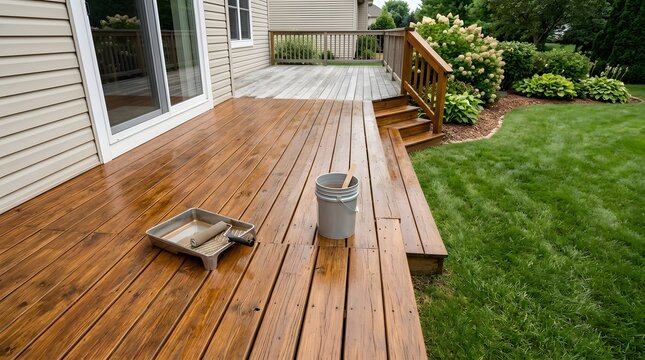Rich Stained Deck Beside Weathered Boards With Roller and Bucket