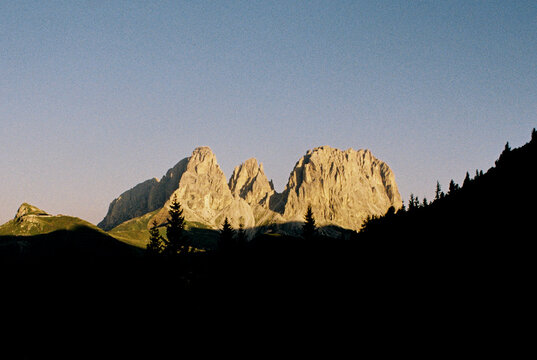 Tall mountains in the Dolomites at sunset