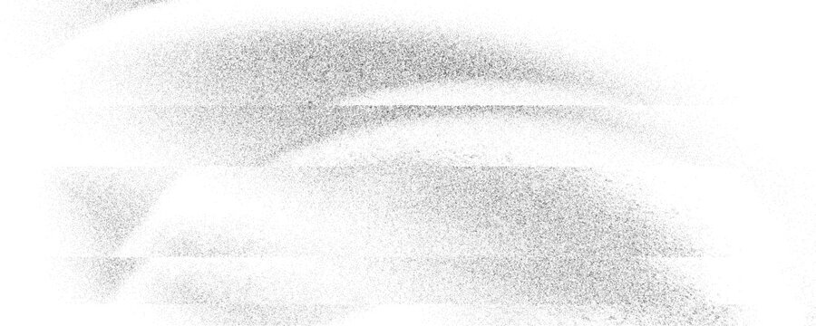 Black stipple wave texture with soft grainy bands, scattered dots, flowing abstract distortion on white. Minimal pointillist background for overlay, poster design. Vector illustration