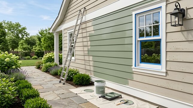Sage Green Paint Applied Over Beige Siding With Ladder and Tools