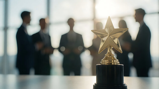 Golden star award trophy in focus with blurred business team in the background