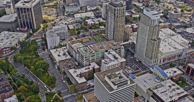 White Plains New York Aerial v5 establishing shot birds eye view overlooking at downtown neighborhood, tilt up reveals central urban cityscape - Shot with Inspire 2, X7 camera - October 2021