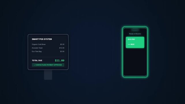 Smart POS system processing a contactless eco pay transaction with a digital receipt and paperless confirmation animation