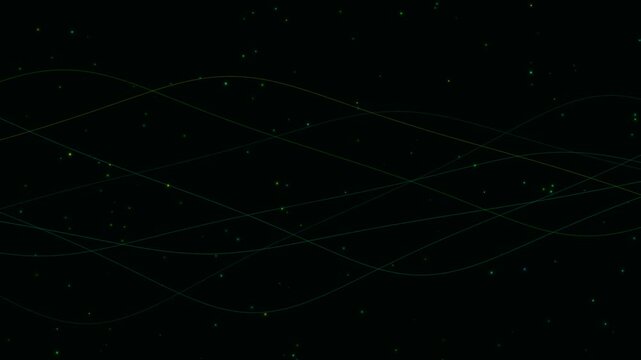 Abstract Glowing Green Audio Frequency Waves Animation with Floating Particles on Dark Background Loop