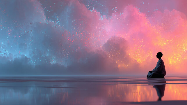 Silhouette of person meditating on quiet water reflecting glowing magic clouds and light particles for mindfulness concept