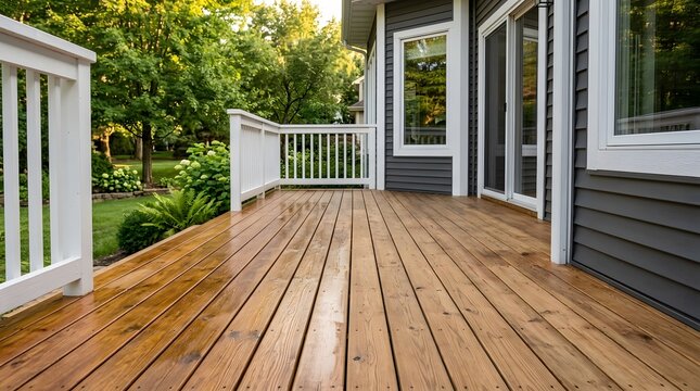 Golden Stained Deck Boards With Crisp White Railing and Greenery