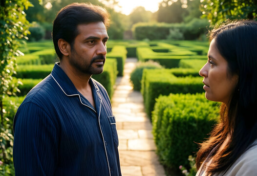 Relationship conflict and communication, couple having a serious conversation in a garden at sunset, emotional intimacy and marriage counseling