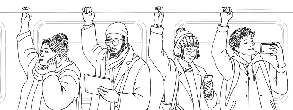 Hand Drawn Illustration of Commuters Using Devices