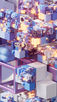 Abstract Blue and Lavender Modular Structure with Glowing Elements