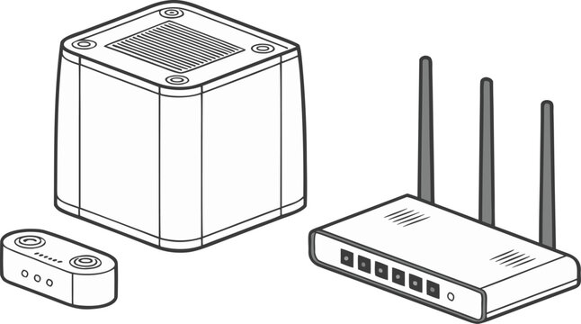Line of a square wireless router, a small network hub, and a multi-antenna internet modem on a white background