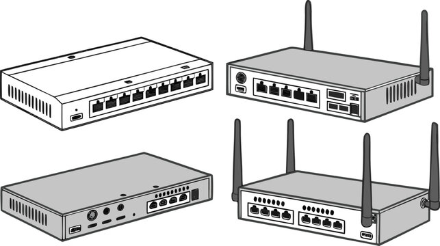 Collection of four different network hardware devices including ethernet switches and wireless routers with antennas on a white background