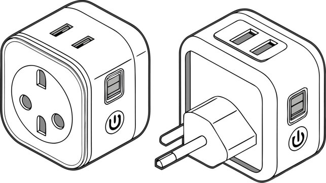 Two smart power plug adapters with electrical outlets and power buttons, isolated on a white background, technical line