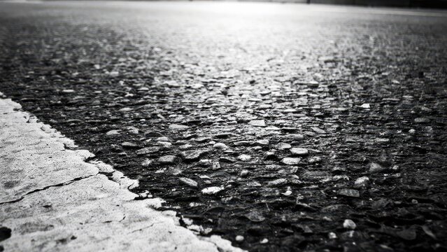 Monochrome asphalt road surface closeup featuring rough textured pavement with white painted line marking in bright daylight