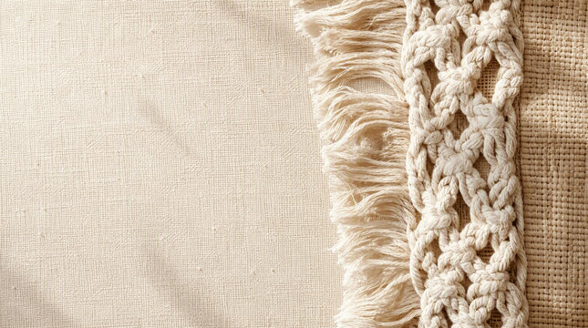 Close-up of macrame texture weave and natural fabric background with fringe details