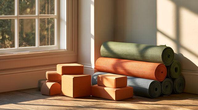 Rolled Yoga Mats And Blocks Arranged Neatly In A Sunlit Studio Corner