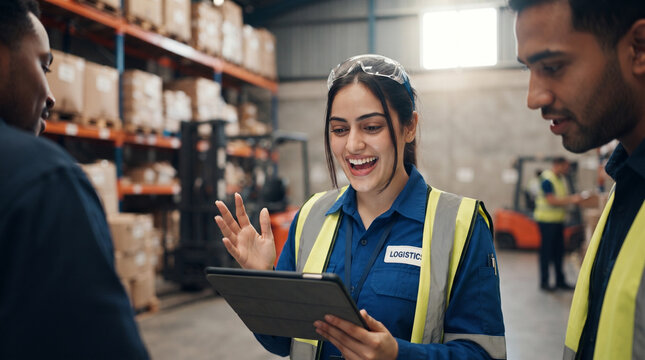Excited female logistics worker holding digital tablet while explaining data to colleagues in distribution warehouse