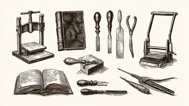 The illustration shows various bookbinding and printmaking tools such as a press, engraved blocks, and leather cover tools on a white background.