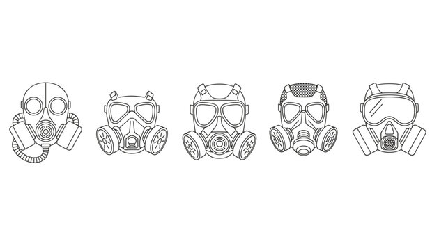 Line art collection of five different military and industrial gas masks with filters and tubes on a white background.