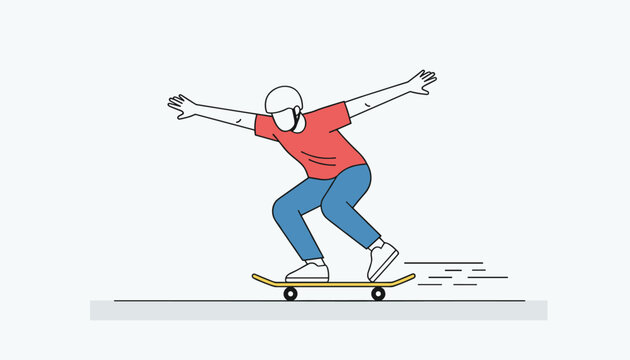Dynamic flat vector illustration of a young man riding a skateboard with motion lines and arms out for balance.