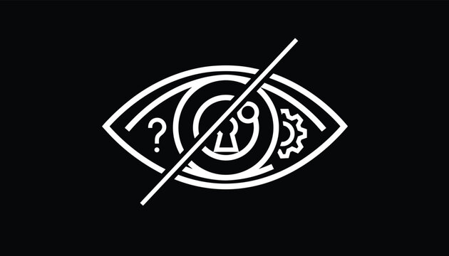 White outline eye icon featuring a keyhole, question mark, and a gear symbolizing privacy, security, and data protection.