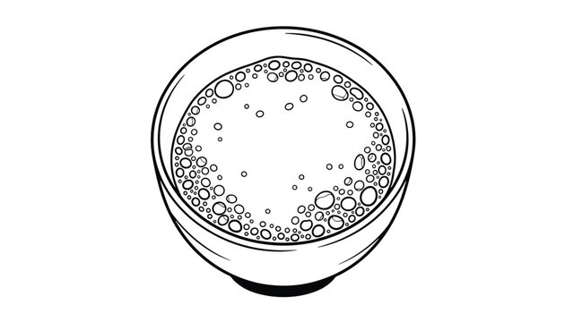 Black and white line art vector of a ceramic bowl filled with foamy liquid or matcha tea, showing detailed bubbles on the surface.