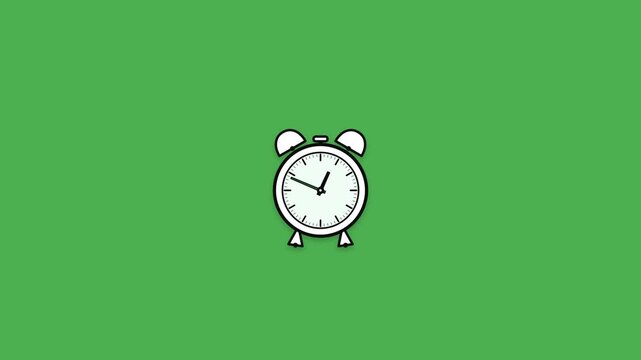 Animasi jam alarm dengan gerakan mekanis yang hidup, jarum presisi, getaran bel bergantian, dan efek overshoot saat alarm aktif dalam loop 6 detik tanpa putus.