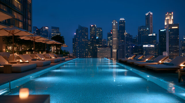 Rooftop Pool Glowing Blue Against A Dark City Skyline At Night