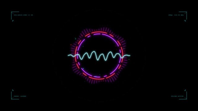 A vibrant circular audio waveform pulses with rhythmic neon light patterns inside a digital display frame that captures the intensity of electronic music beats within a dark immersive soundscape