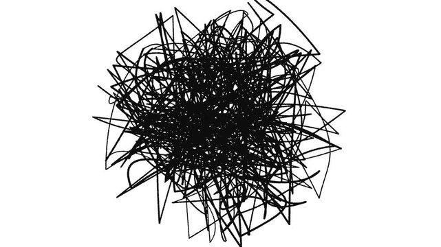 A dense cluster of chaotic black ink lines forms a tangled web that represents human confusion and anxiety while depicting a sense of complex mental disorder within this expressive artistic mark