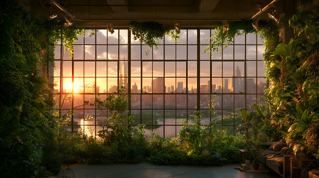 Rooftop Vertical Garden Glowing Warm At Sunrise Above A City