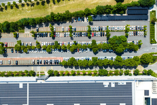 tree-lined parking lot beside solar rooftop factory
