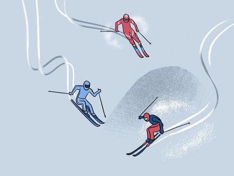 Skiers Racing Down the Slopes in a Winter Setting