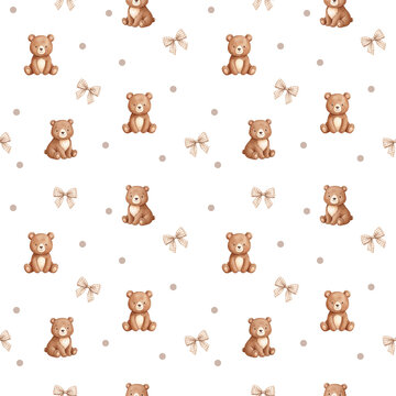 Cute watercolor teddy bear seamless pattern with bows and polka dots on white background baby fabric textile vector art